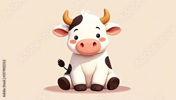 Fototapeta Adorable cartoon baby cow sitting on light background