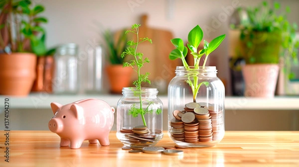 Fototapeta Pink piggy bank next to coin jars with sprouting plants. A visual concept of savings and financial growth in a natural and warm environment.