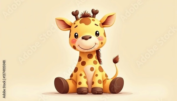 Obraz Smiling cartoon baby giraffe with spots on pastel backdrop