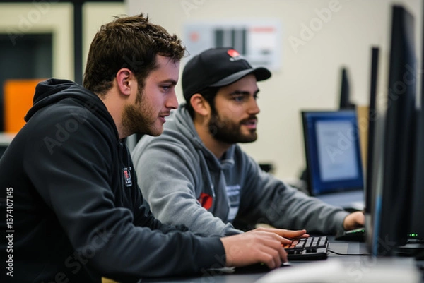 Fototapeta two young IT'ers working on computer