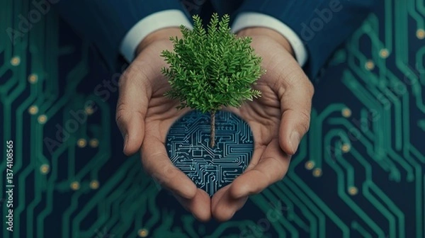 Fototapeta Ceo nurtures growth a symbol of sustainability and innovation in technology corporate environment close-up view
