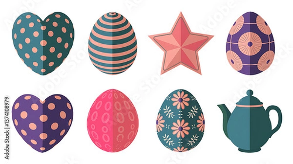 Fototapeta Colorful Easter eggs and a teapot, various designs.
