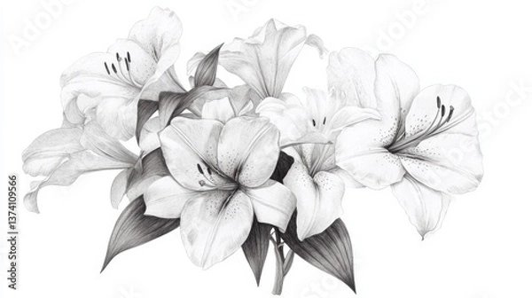 Fototapeta Elegant fine line drawing of a lily bouquet for floral art and decor