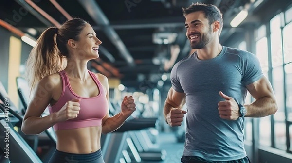 Obraz 18. Happy fit man and woman running on treadmills in a bright, contemporary gym interior, sharing a conversation while working out.