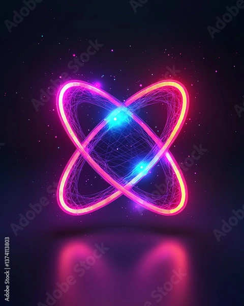 Fototapeta vibrant neon wireframe atom structure with glowing rings and particles, symbolizing energy and science