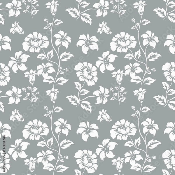 Obraz Fabric pattern, white flower pattern with green background, is a flower line art.