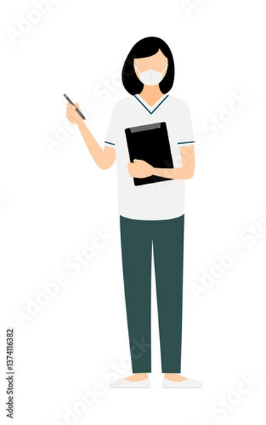 Fototapeta 黒いボブヘアの女性看護師が記録を取るシンプルなイラスト