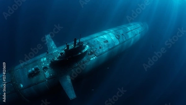 Obraz A large submarine resting on the ocean floor, partially covered in marine growth, with a dark, mysterious ambiance.