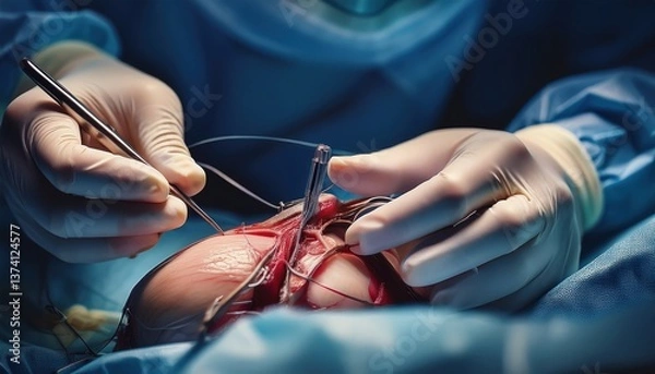 Fototapeta Surgeon focus intently while conducting a delicate operation in an emergency room environment.