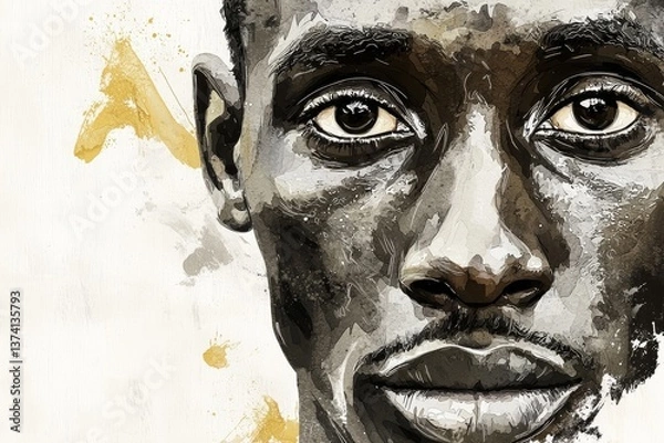 Fototapeta Portrait of an African male in an artistic style, set against a white backdrop with painterly qualities