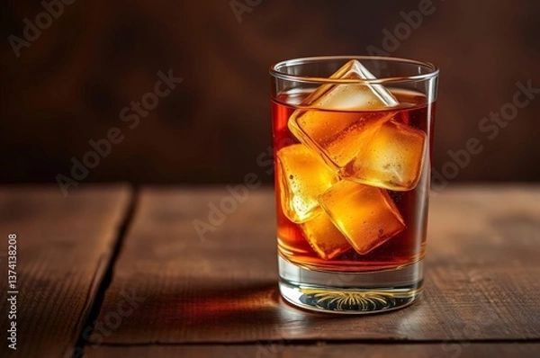 Fototapeta Amber whiskey on rustic surface