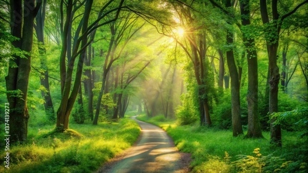 Fototapeta Sunlit Path Through a Lush Green Forest Canopy, Illuminating a Serene Winding Road