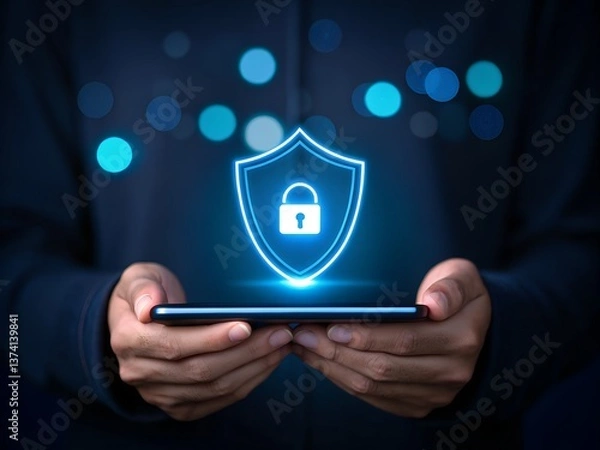 Fototapeta Mobile Security Shield Hologram - Digital Data Protection Concept


