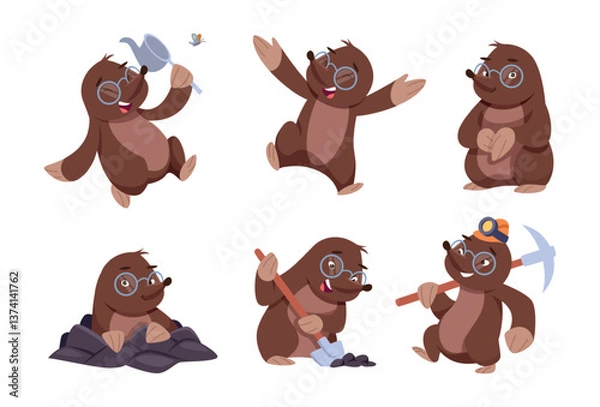 Fototapeta Mole animal. Cartoon mascot wild mole animal in action poses walking jumping working exact vector character