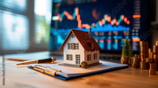 Fototapeta House miniature on financial documents, with on-screen market charts and stacked coins, symbolizing real estate investment analysis and financial management.