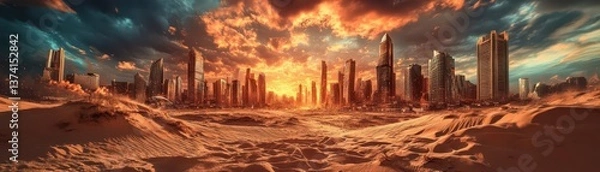 Obraz Breathtaking Desert Sunset Over a Modern Cityscape with Skyscrapers