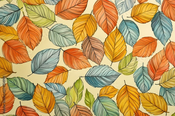 Obraz Colorful autumn leaves create vibrant hand drawn illustration pattern, showcasing shades of orange, yellow, green, and blue, perfect for seasonal decor or design projects