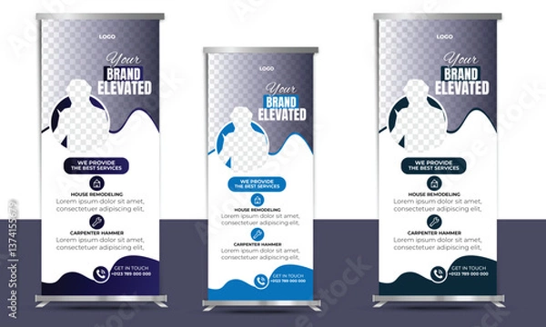 Fototapeta Creative Real Estate Roll Up Banner Design, Pull Up Banner Design, Vector Graphic Design, Rollup banners stand. Blank template mockups. Exhibition stand roll-up banners, Banner template, presentation,