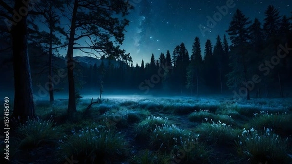 Fototapeta A night landscape with a dark forest stretching to the horizon under a clear starry sky. Light fog is visible in the lowlands, and dark grass and trees are in the foreground.
