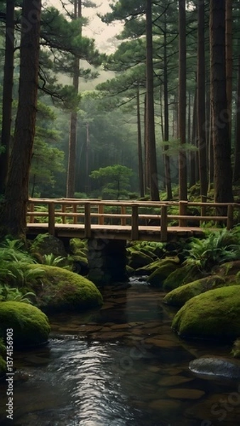 Fototapeta Landscape with a small stream flowing through a dense green forest with tall trees and moss covered rocks. A simple wooden bridge is thrown over the stream. There is a light haze or fog in the air.