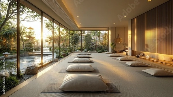 Fototapeta A serene room with tatami mats, cushions, and large windows showcasing a tranquil garden, illuminated by warm sunlight.