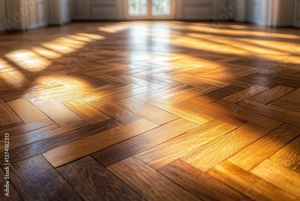 Fototapeta Sunlight gently illuminates a polished wooden parquet floor creating a warm and inviting atmosphere in an empty room.