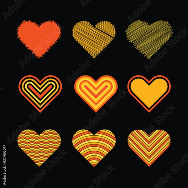 Fototapeta A set of red hearts in different poses. Hand drawn freehand different love hearts. Chalk sketched for Valentines Day and a romantic