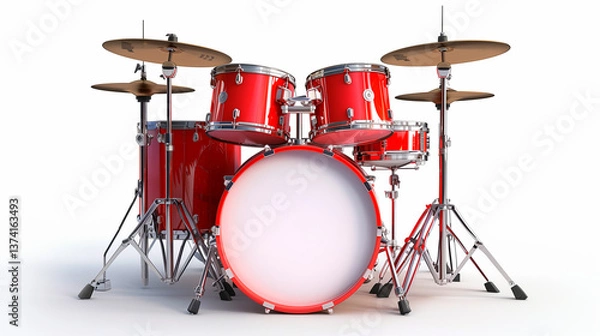 Fototapeta Red drums with golden cymbals on white background. Includes bass drum, toms, snare and cymbals. Perfect for illustrating musical themes, concerts or percussion instruments with professional style.