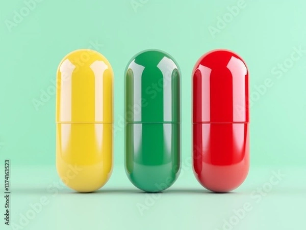 Obraz Three colored capsules yellow red green standing upright on turquoise background showing pharmaceutical variety precision dosage control and product differentiation in macro view