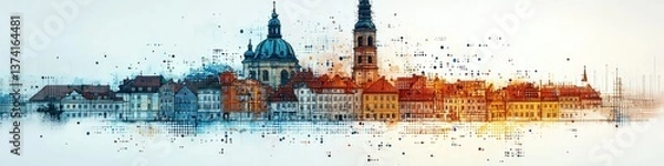 Fototapeta A digitally rendered panorama featuring historic European architecture and cityscapes