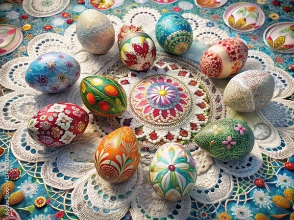 Fototapeta Aerial View Easter Eggs Geometric Floral Patterns White Lace Tablecloth Spring Holiday Decoration