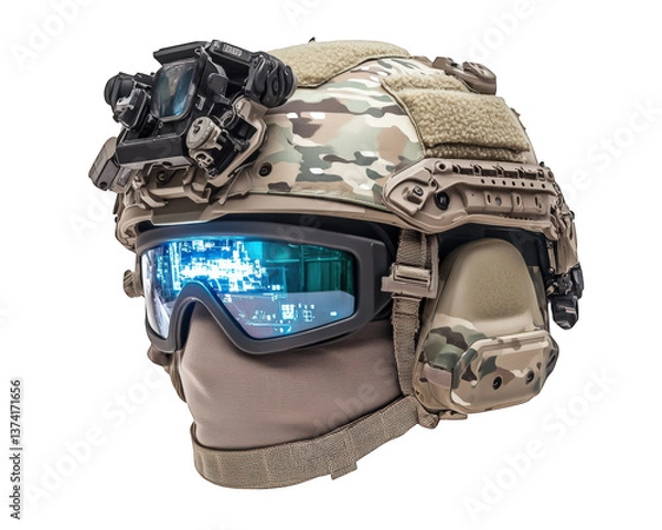 Obraz Tactical military helmet featuring built night vision technology, designed for enhanced visibility and protection low light conditions. helmet showcases camouflage pattern, providing strategic