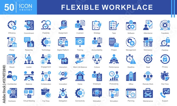 Fototapeta Flexible Workplace icon set featuring icons for remote work, productivity, collaboration, digital platforms, and work-life balance. Ideal for modern office environments, HR, and business management.