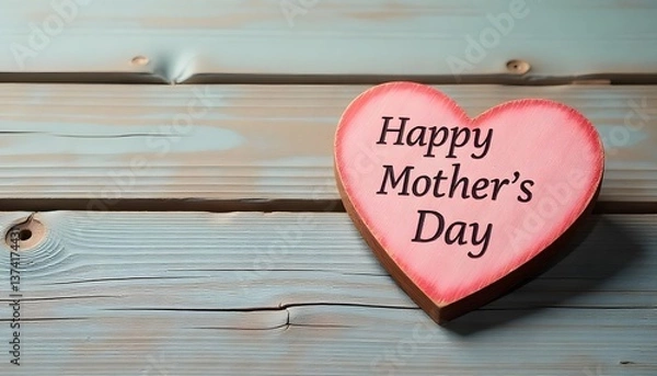 Fototapeta Happy Mothers Day greeting on with a wooden heart and weathered wood.