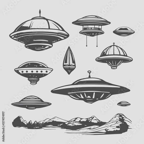 Fototapeta A set of hand-drawn UFO sketches. Ufology. Conspiracy theory. Mysticism. Flying objects. Aliens.