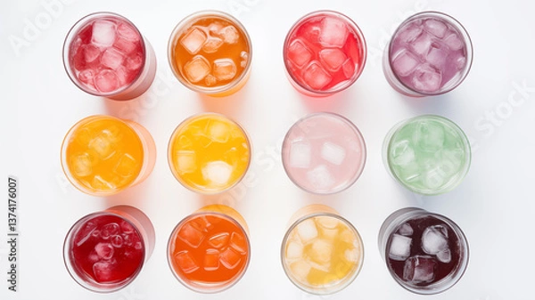 Fototapeta Bird's eye view of twelve colorful cold drinks with ice cubes in clear glasses arranged in neat grid pattern on white background, showing variety of red, orange, yellow, green and purple beverages