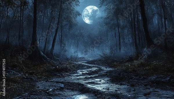 Fototapeta Mysterious moonlit forest path.  A tranquil, dark blue scene with a stream.