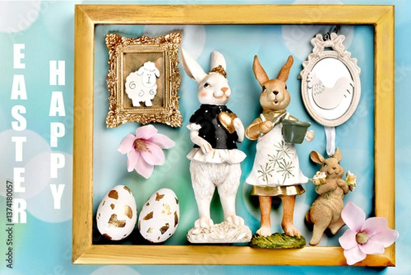 Obraz Easter flat lay background with bunny figurines and decors inside golden frame