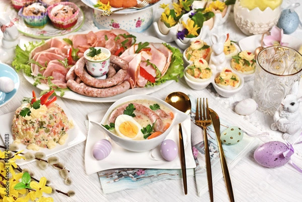 Obraz Easter table with traditional dishes and pastries