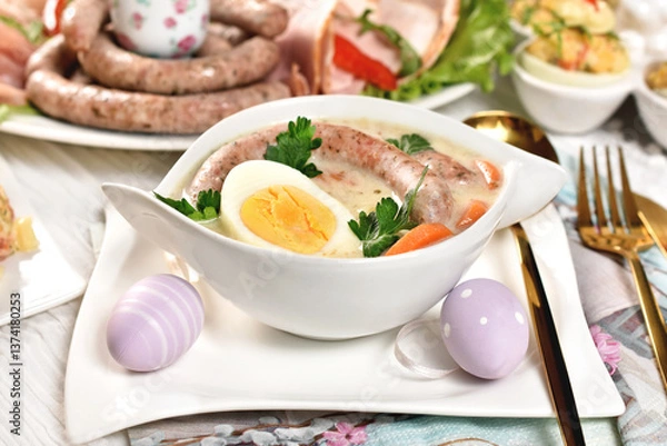 Obraz Traditional Easter soup white borscht with egg and sausage