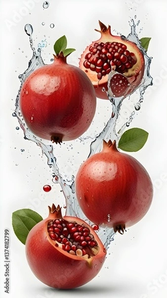 Fototapeta An image of four ripe pomegranates surrounded by dynamic splashes and drops of water on a light background. Suitable for advertising fresh fruits, juices, recipes.