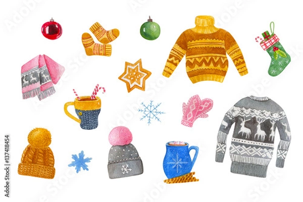 Fototapeta Winter warm and cozy stuff, includes sweater, christmas ball, christmas sock, cocoa, coffee, ginger biscuit, knitted cap, snowflake, scarf, mittens