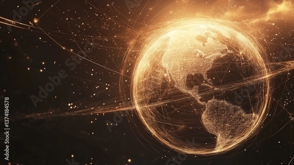 Fototapeta Abstract digital globe with bright lines representing connections. Sci-Fi & Space Inspired Loops A spinning wireframe planet with glowing orbit lines, deep space loop 