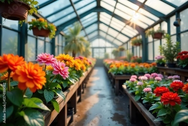 Fototapeta Vibrant flowers blooming inside a warm greenhouse during winter,  temperature,  warmth