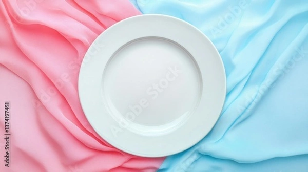 Obraz Elegant white plate is displayed atop pink and blue chiffon
