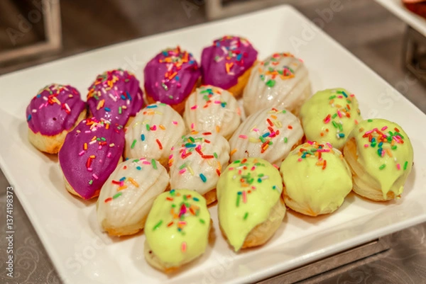 Fototapeta The image displays colorful, glazed pastries topped with vibrant sprinkles on a plate. The pastries feature icing in purple, white, and yellow, creating an eye-catching and appetizing presentation