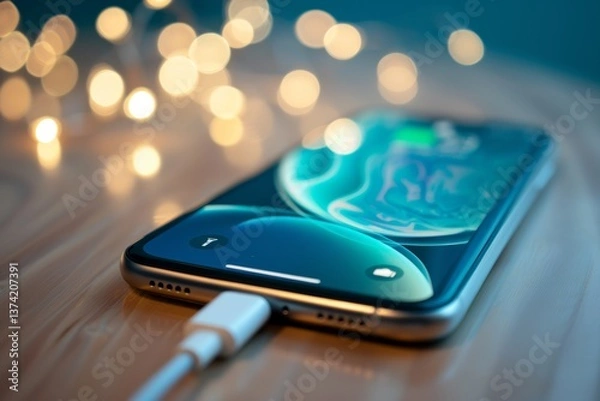 Obraz Mobile Phone Charging with Cable on a Power Source