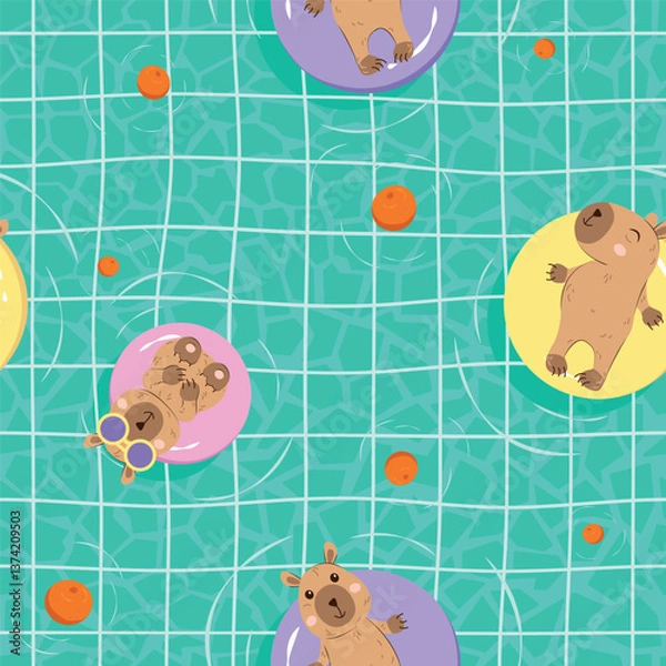 Fototapeta Seamless vector pattern with cute capybaras on pool floats. Летний дизайн for textile, wallpaper or nursery print design.