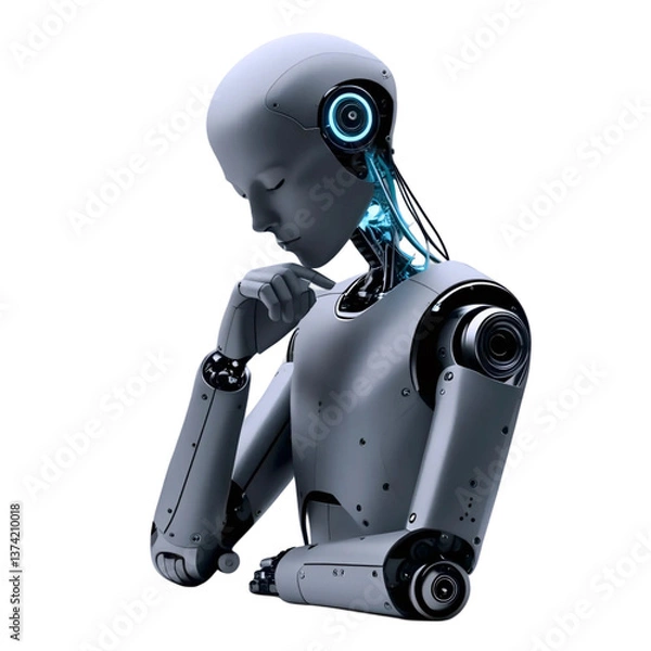 Obraz A highly detailed humanoid robot with a metal body and blue elements is deep in thought. He stands half-turned, his hand resting on his chin.