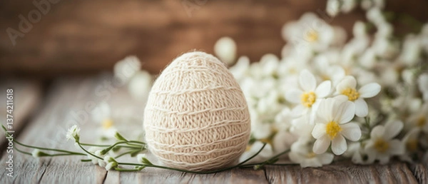 Obraz hand-made, knitted, artistic beige easter egg isolated over jasmine spring floral decorations & wooden background; copy space